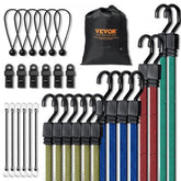 A 32-piece set of 17mm heavy-duty flat bungee cords in assorted colors and lengths, with J-hooks and clips.