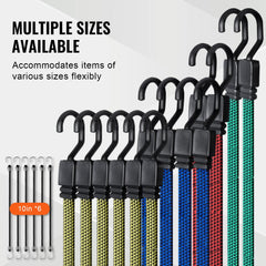 32-piece set of 17mm heavy duty flat bungee cords in multiple colors and lengths with J-hooks.