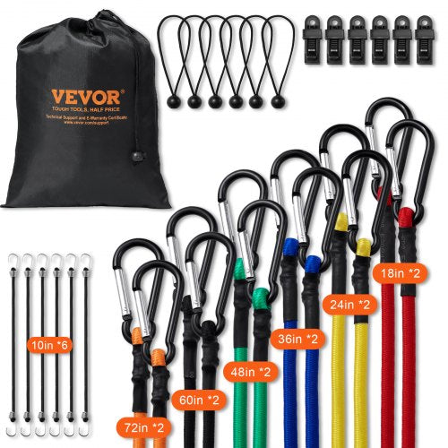 Bostome 30-piece bungee cords set with heavy-duty straps and steel carabiners in various sizes.