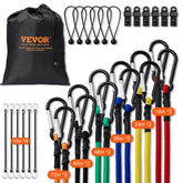 Bostome 30-piece bungee cords set with heavy-duty straps and steel carabiners in various sizes.