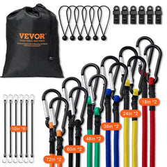 Bostome 30-piece bungee cords set with heavy-duty straps and steel carabiners in various sizes.