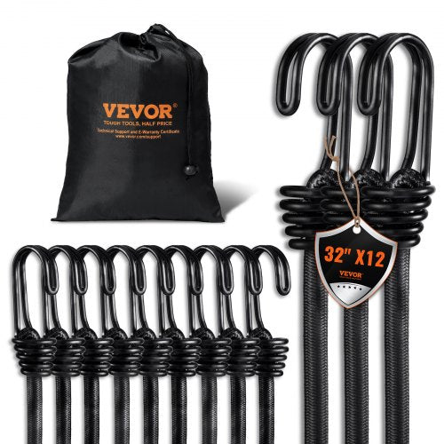 A pack of 12 black 32-inch heavy-duty bungee cords with steel J-hooks and a storage bag.