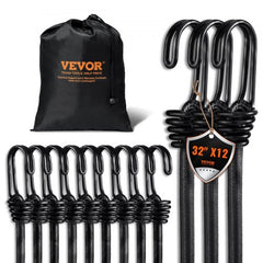 A pack of 12 black 32-inch heavy-duty bungee cords with steel J-hooks and a storage bag.