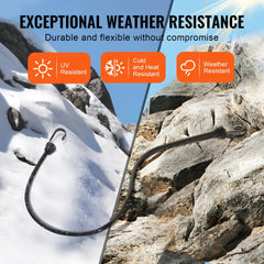 A split-image shows black bungee cords with hooks in snowy mountains and rocky terrain, highlighting UV, cold/heat, and weather resistance.
