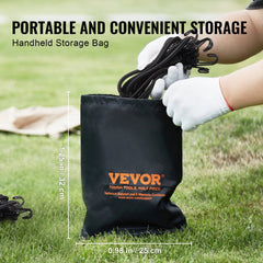 A close-up of a black handheld storage bag holding a pack of 32-inch heavy-duty black bungee cords with hooks.