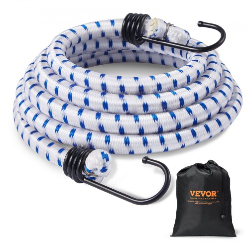 A coiled white bungee cord with blue diamond patterns and black hooks, with a black storage bag.