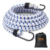 A coiled white bungee cord with blue diamond patterns and black hooks, with a black storage bag.