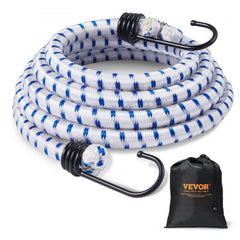 A coiled white bungee cord with blue diamond patterns and black hooks, with a black storage bag.