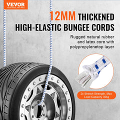 6-pack of 72-inch heavy-duty 12mm bungee cords with A3 steel hooks, shown securing a tire.