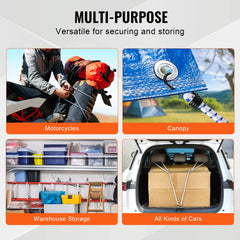 Collage showing 6-pack 72-inch heavy-duty bungee cords securing backpacks, tarps, motorcycles, and cargo in cars and warehouses.