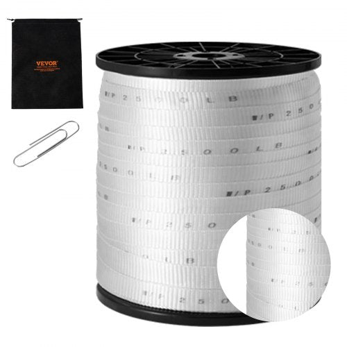 White Bostome polyester pull tape, 3/4" wide, 528' long, with strength markings for easy use.