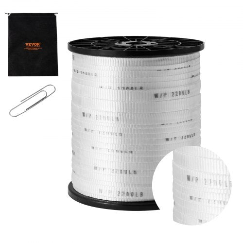 White 5/8-inch polyester pull tape on a 630-foot spool with strength markings, storage bag, and clip.