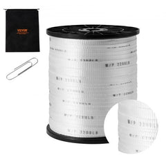 White 5/8-inch polyester pull tape on a 630-foot spool with strength markings, storage bag, and clip.