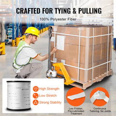 White 5/8-inch by 630-foot polyester pull tape spool with 2200 lbf strength, shown in warehouse use.