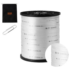 White 5/8-inch polyester pull tape on a spool, 630 feet long with 2200 lbf markings, plus storage bag and clip.