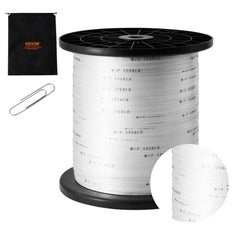 White 1/2-inch polyester pull tape on a black spool, with storage bag and clip.