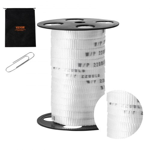 White 5/8-inch by 108-foot polyester pull tape spool rated 2200 lbf, with storage bag and clip.