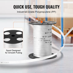 White 5/8" x 108' polyester pull tape spool with 2200 lbf tensile strength, shown on a stand.