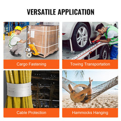 Collage showing Bostome polyester pull tape used for cargo fastening, towing, cable protection, and hammock hanging.