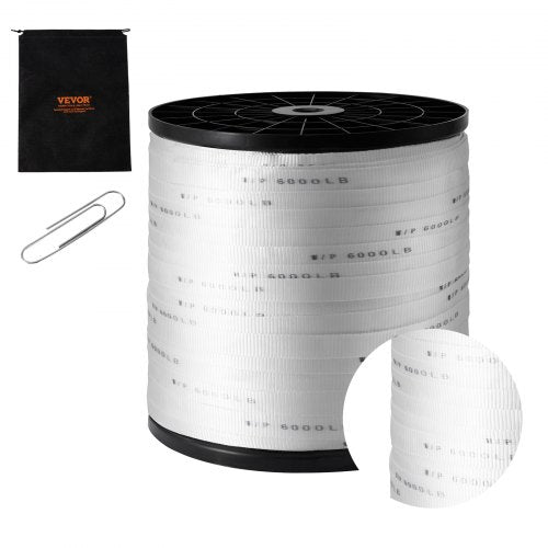 1-inch white polyester pull tape on a spool, 2103 feet long with 6000 lbf tensile strength, includes organizer bag and clip.