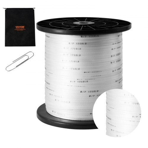 Bostome 1/2-inch white polyester pull tape on a spool with storage bag and metal clip.