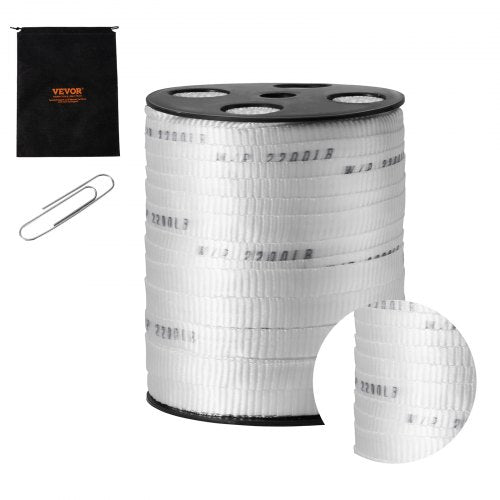 Bostome 5/8" white polyester pull tape on a reel, 318 ft long with 2200 lbf strength.
