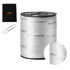 Bostome 5/8" white polyester pull tape on a reel, 318 ft long with 2200 lbf strength.