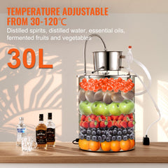 Bostome 30L electric alcohol still with stainless steel body and adjustable temperature control.