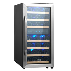 Freestanding wine cooler with dual zones, 33-bottle capacity, and adjustable wood shelves.
