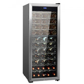 Silver freestanding dual-zone wine cooler with glass door, LED lights, and lock, holding 80 bottles.