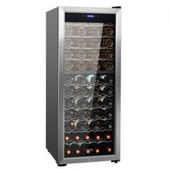 Silver freestanding dual-zone wine cooler with glass door, LED lights, and lock, holding 80 bottles.