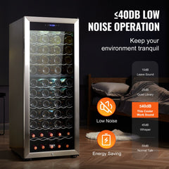 Silver freestanding dual-zone wine cooler holding 80 bottles with LED lights and lock.