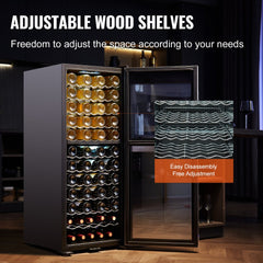 A black freestanding dual-zone wine cooler with adjustable wooden shelves holding 80 bottles and LED lighting.