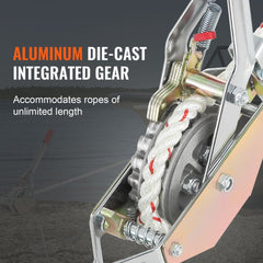 Bostome 3/4 ton rope puller with 100 ft polyester rope and aluminum die-cast gear.