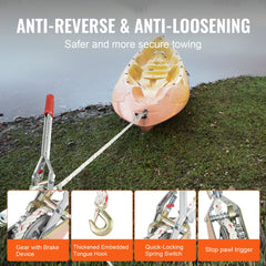 Bostome 3/4 ton rope puller with 100 ft polyester rope securing a yellow kayak on grass.