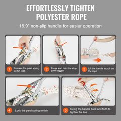Bostome 3/4 ton rope puller with 100 ft polyester rope and 16.9 in handle, shown in use.