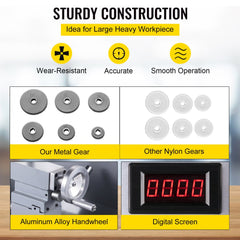 Infographic highlighting sturdy construction of mini metal lathe with metal gears, aluminum handwheel, and digital screen.