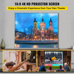 Bostome 120" floor-rising projector screen with 8K/4K HD matte white fabric and quick pull-up design.