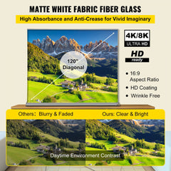 Bostome 120" floor-rising projector screen with 8K/4K HD matte white fabric and quick pull-up design.