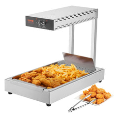 Stainless steel food warmer displaying crispy french fries and chicken nuggets.