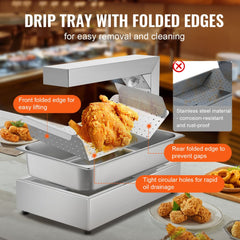 Stainless steel countertop french fry warmer with temperature control and drip tray.