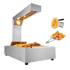 Stainless steel countertop French fry warmer with temperature control and drip tray.