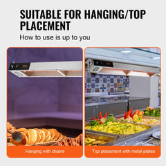 Bostome 850W stainless steel food warmer shown hanging and top-mounted over food trays