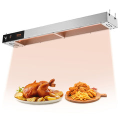 Stainless steel 850W food warmer with 36-inch tray holding fries and chicken at 104-122°F.