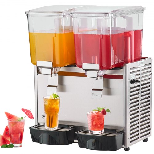 Stainless steel beverage dispenser with two 13.6 Qt tanks for cold drinks service.