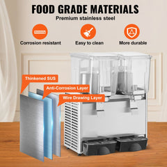 Stainless steel beverage dispenser with dual 13.6 Qt tanks for efficient cold drink service.