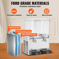 Stainless steel beverage dispenser with two 20.4 Qt tanks for high-volume cold drinks.