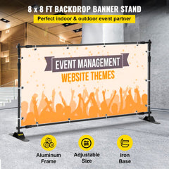 8x8 ft adjustable telescopic backdrop banner stand with aluminum frame, iron base, and event management banner.