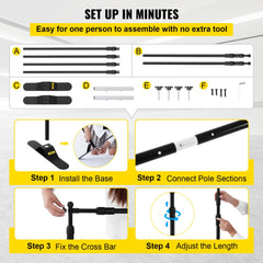 Infographic showing tool-free assembly steps for an 8x8 ft aluminum backdrop stand.