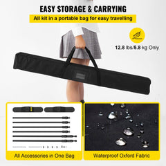 Portable black carry bag containing telescopic aluminum poles for an 8x8 ft backdrop stand, weighing 12.8 lbs.